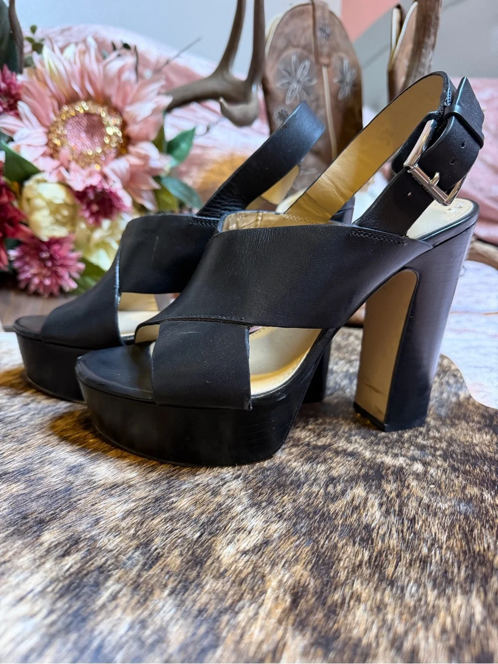 MICHAEL Michael Kors Black Leather Crisscross Peep-Toe Platform Sandals